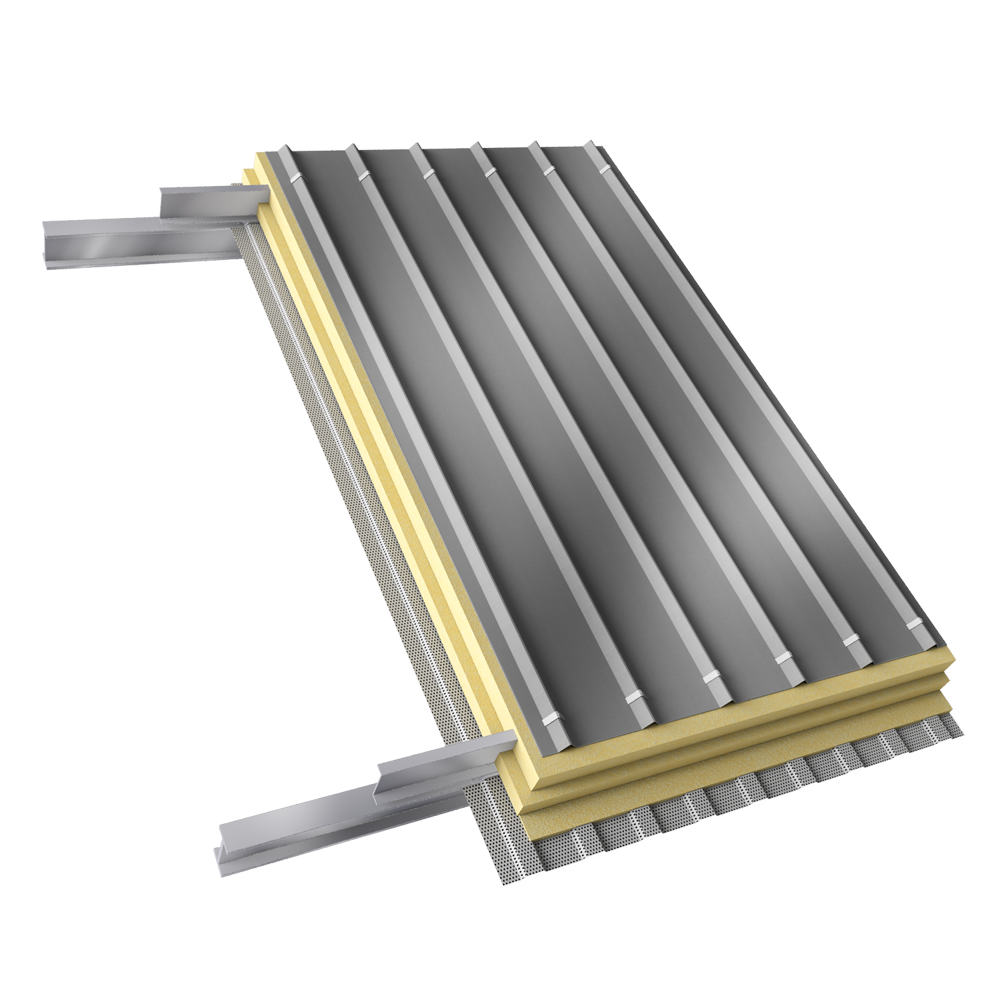 Couverture double peau à trame parallèle avec fausses pannes pontets et plaques nervurées intérieures Couverture double peau à trame parallèle avec fausses pannes pontets et plaques nervurées intérieures