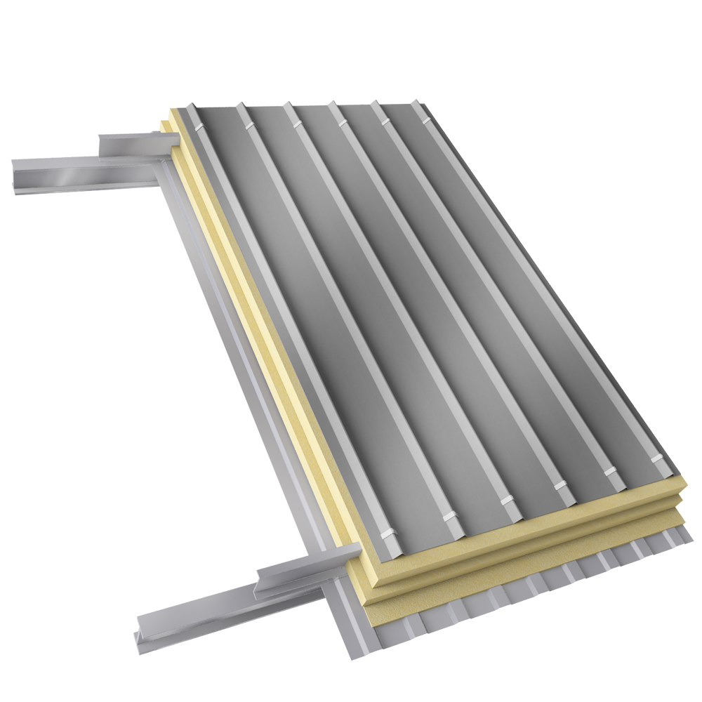 Couverture double peau à trame parallèle avec fausses pannes pontets et plaques nervurées intérieures perforées ou crevées Couverture double peau à trame parallèle avec fausses pannes pontets et plaques nervurées intérieures perforées ou crevées