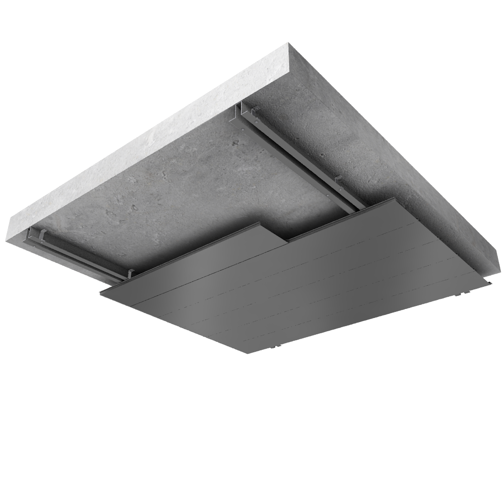 SOUS FACE DE FAUX PLAFOND OU PAROI INTÉRIEURE DE AUVENT À BASE DE LAMES EN ACIER OU ALUMINIUM